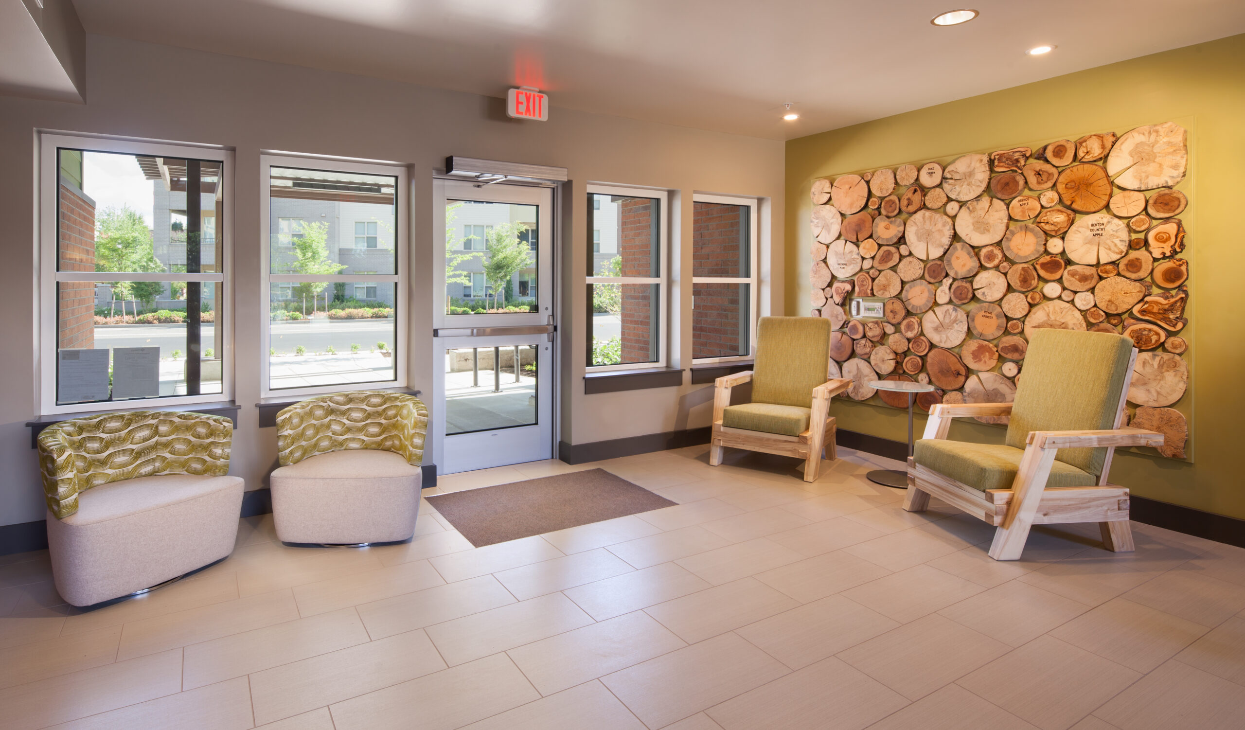 Wood tiles and cottonwood lobby chairs designed by Michael for Orchards at Orenco