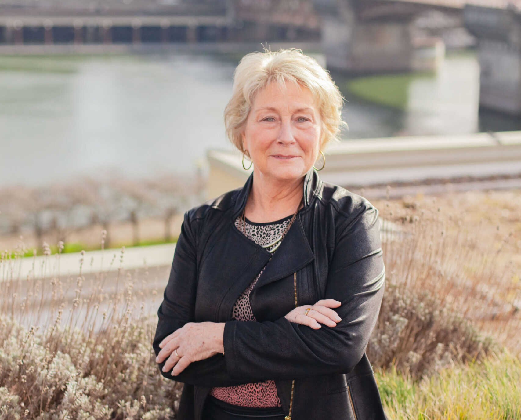 Karen Bowery photographed on the rooftop of Ankrom Moisan's Portland office.