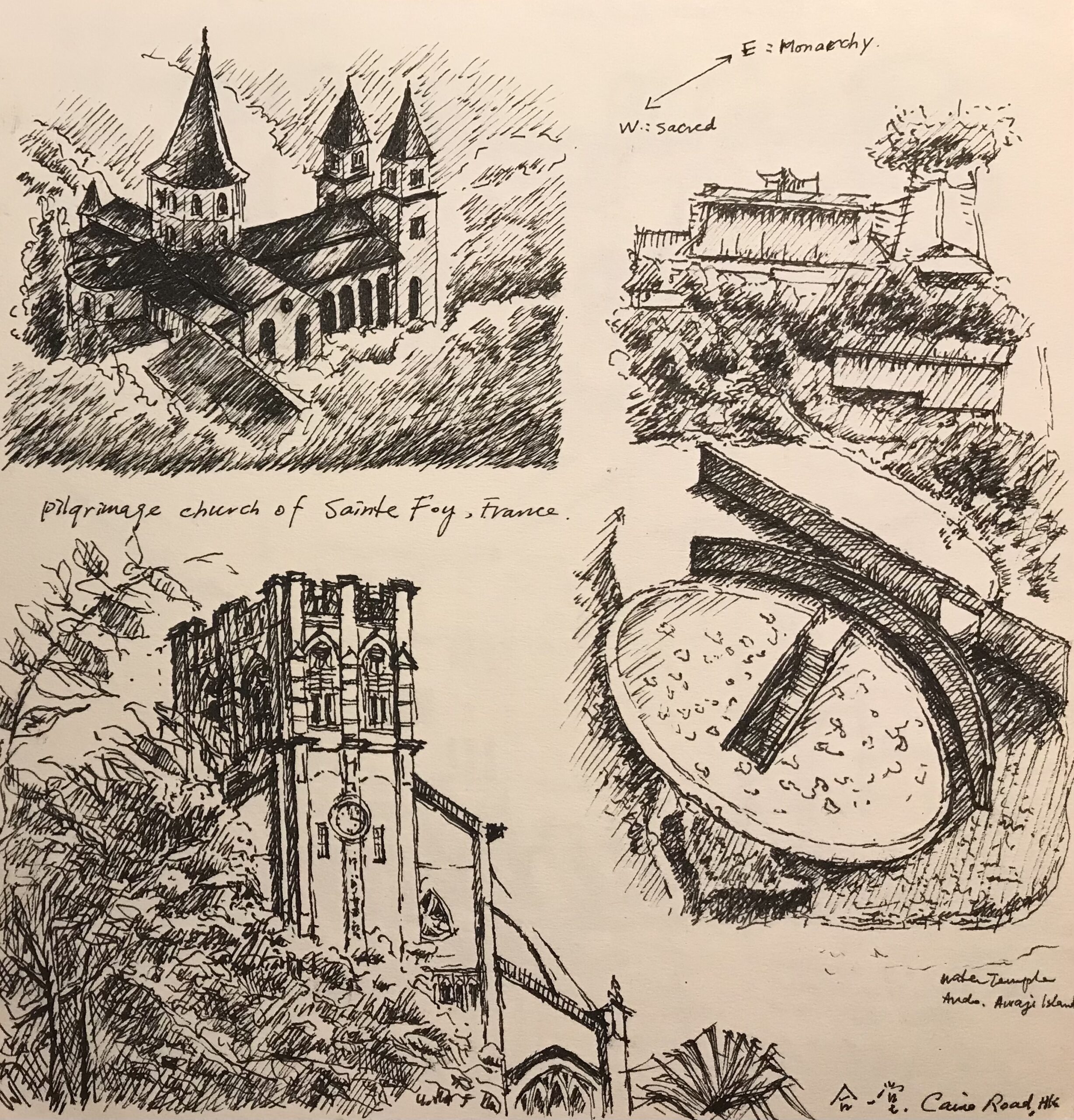 May Au's sketches of various buildings in France and Japan.