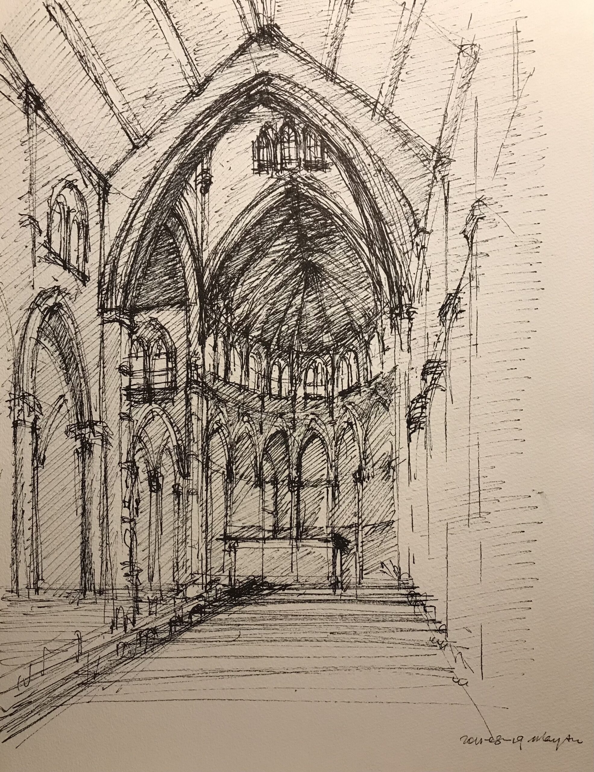 May's sketch of Immaculate Conception Cathedral in Hong Kong.