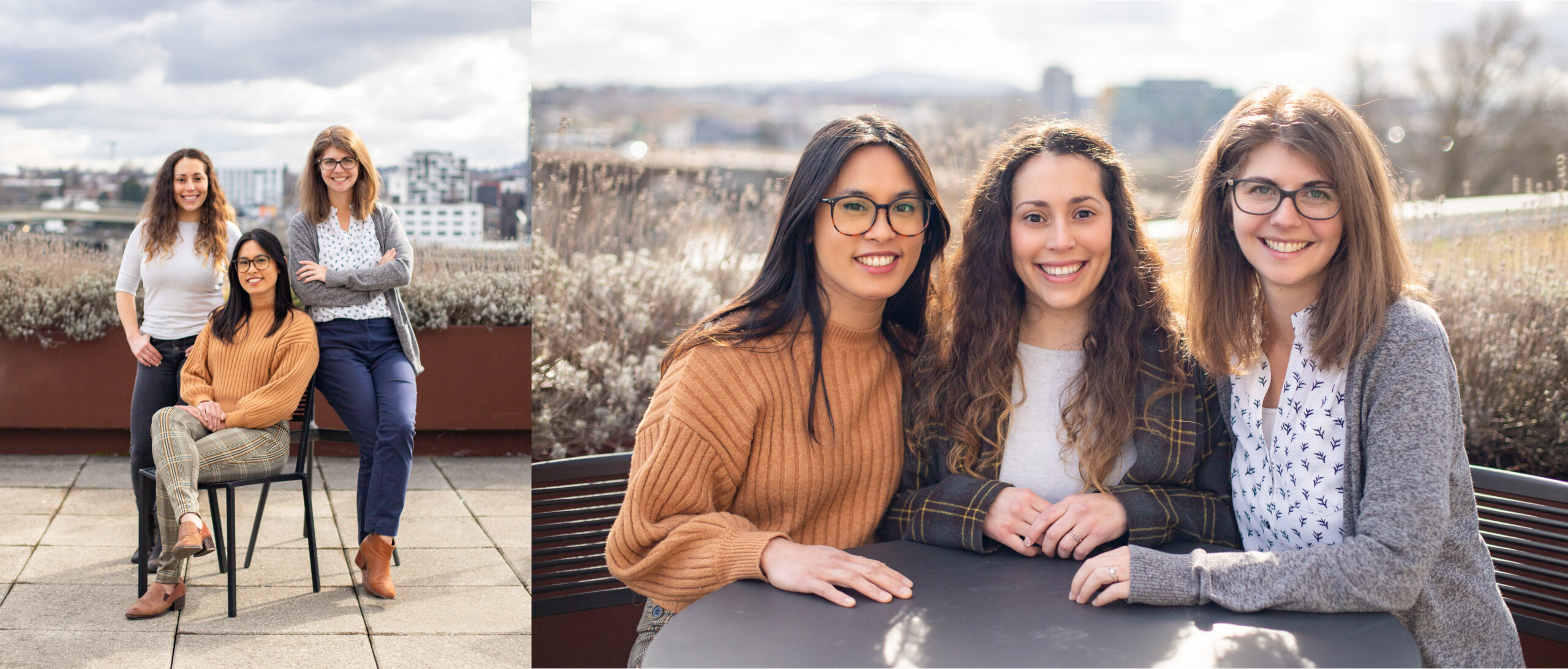 Amanda Lunger, Elisa Zenk, and Stephanie Hollar atop Ankrom Moisan's Portland office.