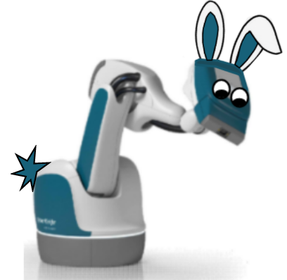 Kimberleigh's mock-up of the Cyberknife machine wearing bunny ears and googly eyes.