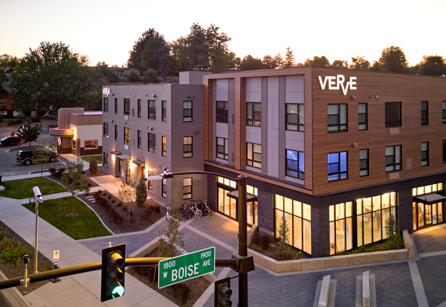 Exterior architecture of Verve Boise seen from the street corner.