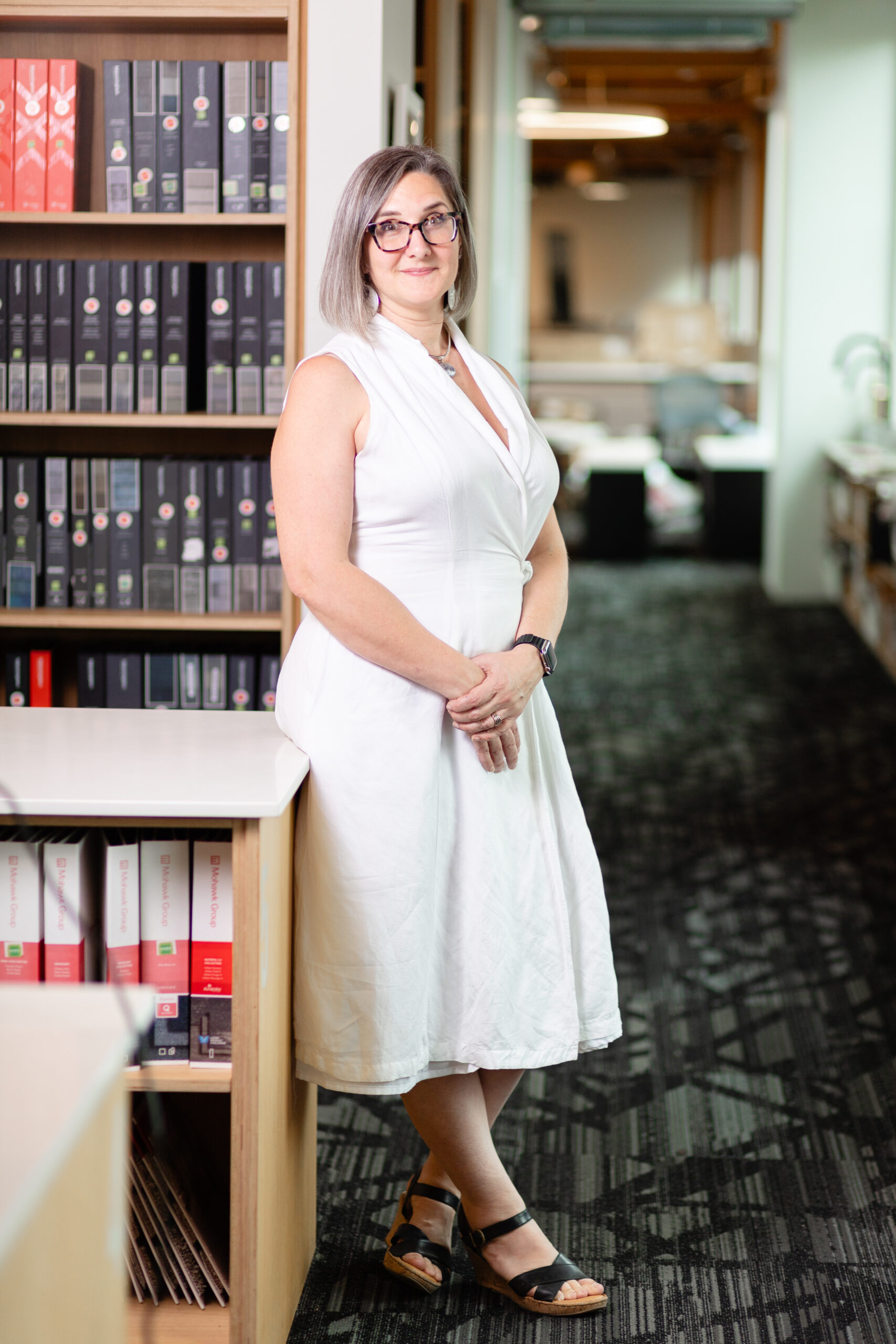 Mariah Kiersey stands in the materials library of Ankrom Moisan's Portland office.
